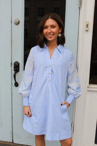 Blue Embroidered Sleeve Striped Shift Dress | Current Air