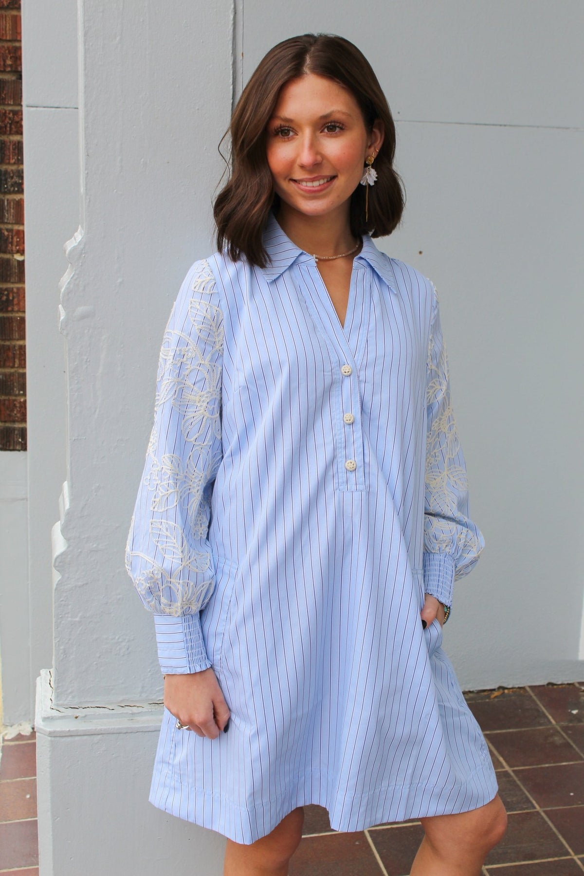 Blue Embroidered Sleeve Striped Shift Dress | Current Air