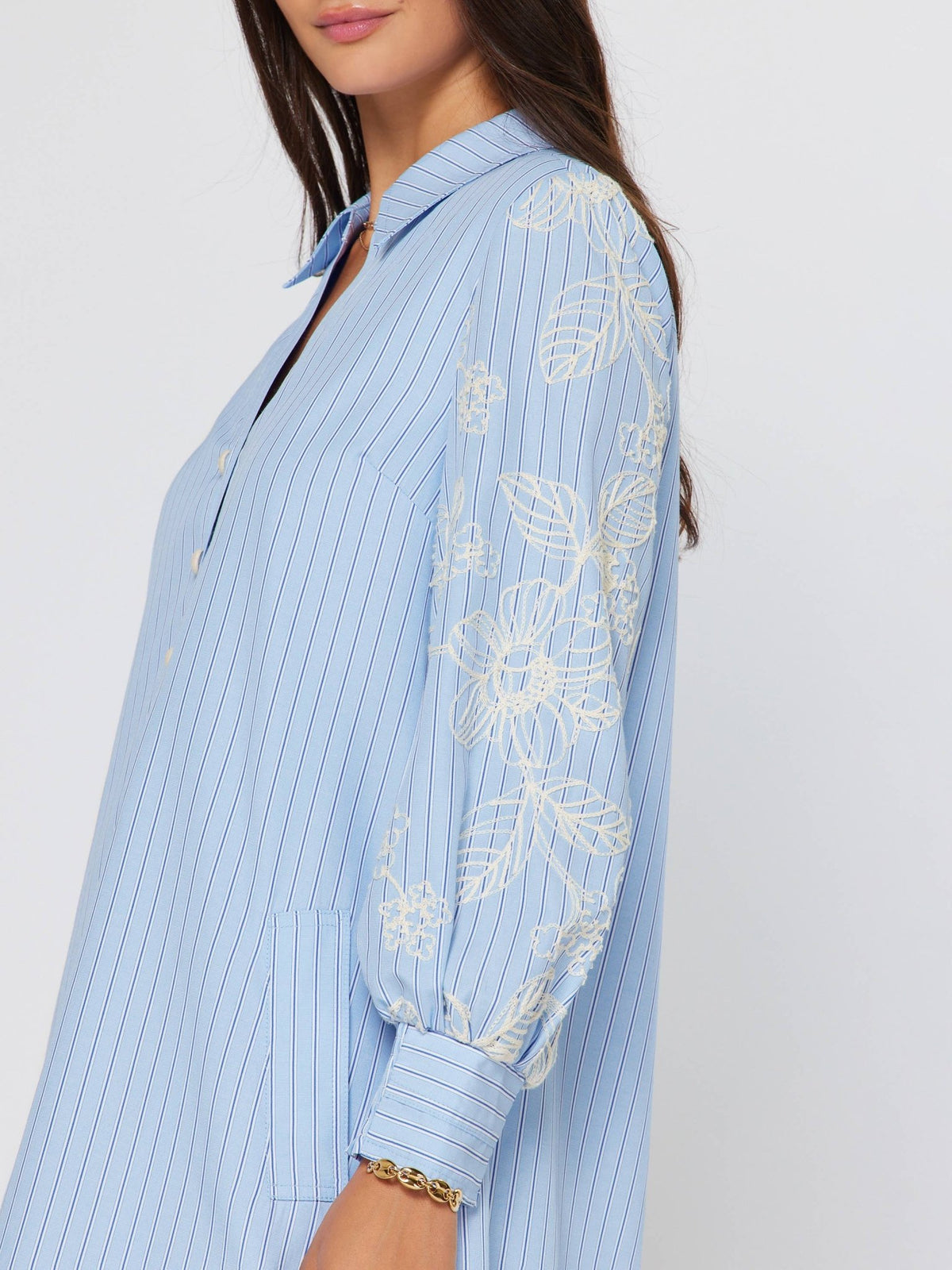 Blue Embroidered Sleeve Striped Shift Dress | Current Air