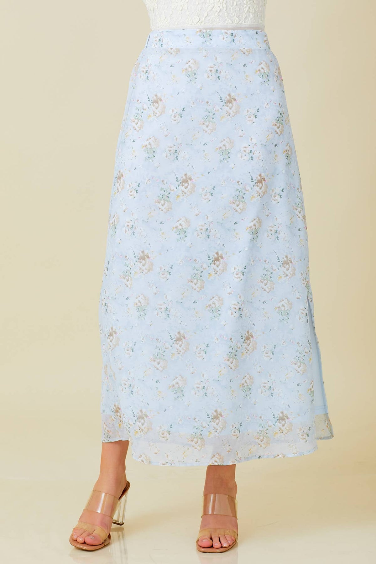Blue Floral Chiffon Maxi Skirt | Baevely by Wellmade USA