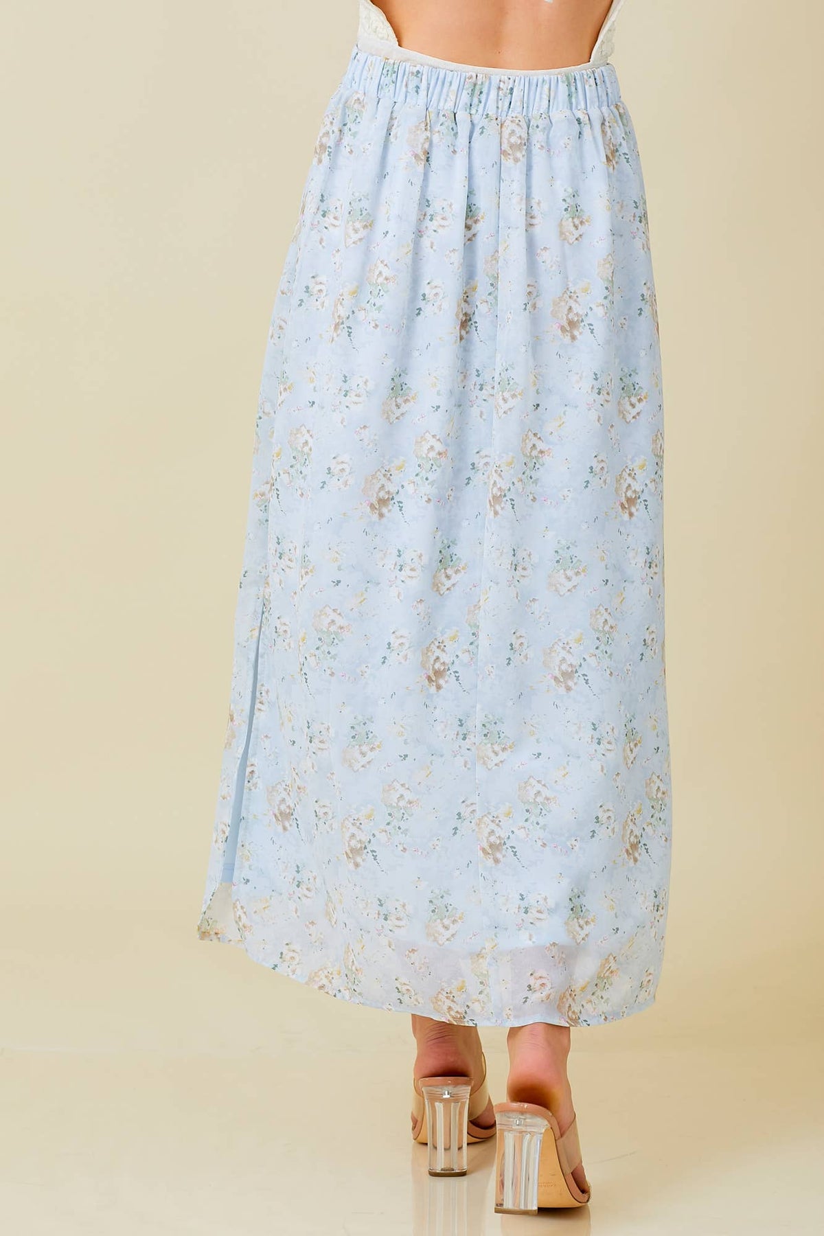 Blue Floral Chiffon Maxi Skirt | Baevely by Wellmade USA