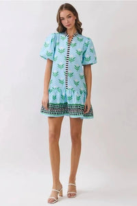 Blue Floral Puff Sleeve Mini Dress With Center & Collar Stripes | TCEC