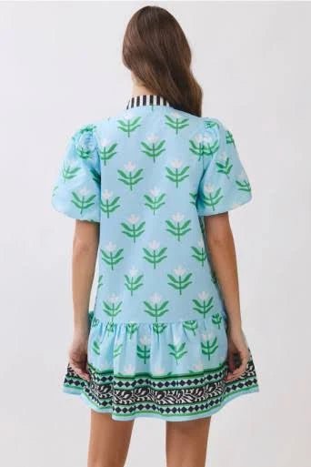 Blue Floral Puff Sleeve Mini Dress With Center & Collar Stripes | TCEC
