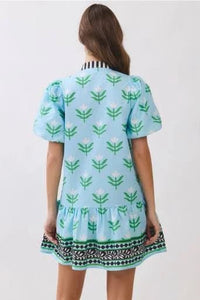 Blue Floral Puff Sleeve Mini Dress With Center & Collar Stripes | TCEC