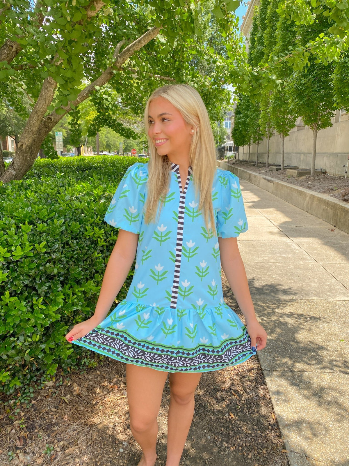 Blue Floral Puff Sleeve Mini Dress With Center & Collar Stripes | TCEC