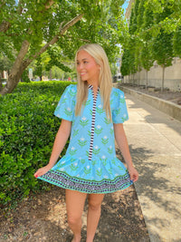 Blue Floral Puff Sleeve Mini Dress With Center & Collar Stripes | TCEC