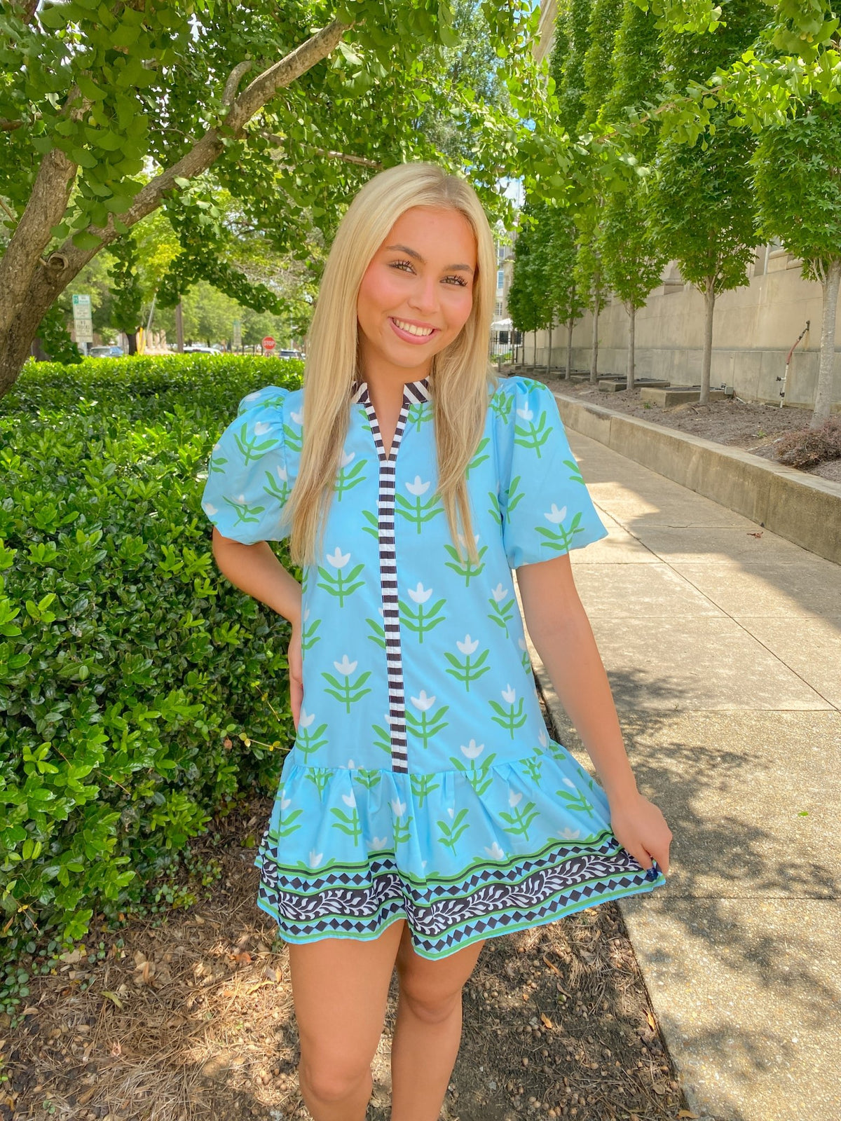 Blue Floral Puff Sleeve Mini Dress With Center & Collar Stripes | TCEC