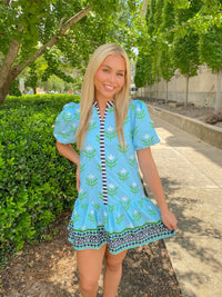 Blue Floral Puff Sleeve Mini Dress With Center & Collar Stripes | TCEC