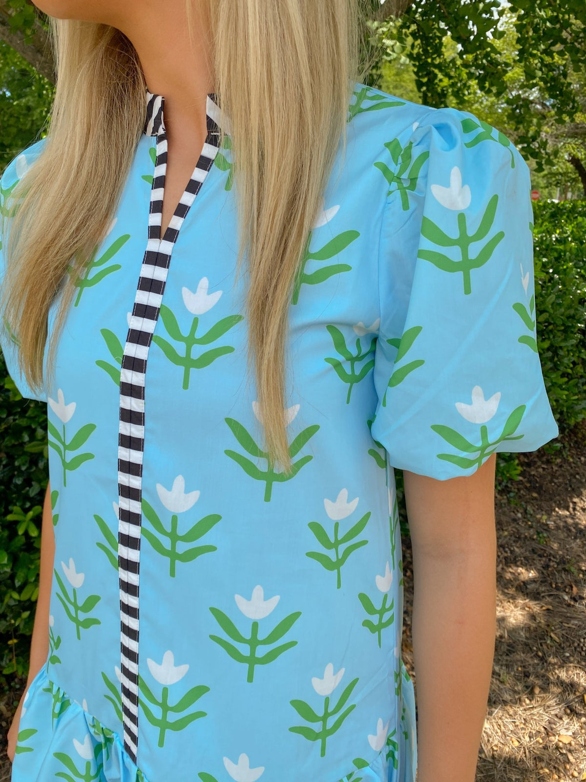 Blue Floral Puff Sleeve Mini Dress With Center & Collar Stripes | TCEC