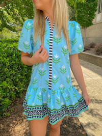 Blue Floral Puff Sleeve Mini Dress With Center & Collar Stripes | TCEC