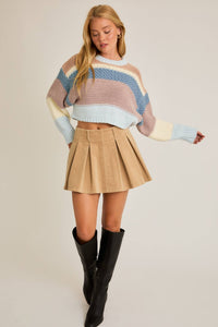 BLUE MULTI-COLORED ROUND NECK CROP SWEATER TOP | LE LIS