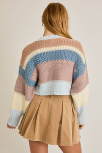 BLUE MULTI-COLORED ROUND NECK CROP SWEATER TOP | LE LIS