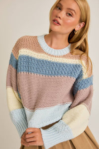BLUE MULTI-COLORED ROUND NECK CROP SWEATER TOP | LE LIS