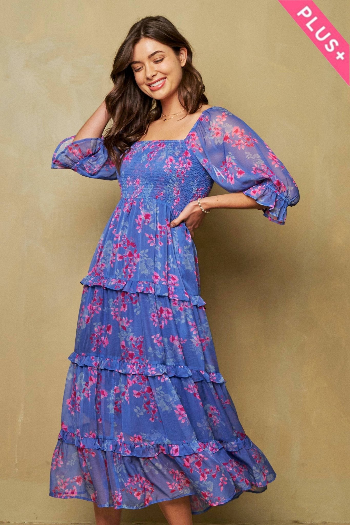BLUE & PINK FLORAL PLUS SMOCKING RUFFLE DETAIL CHIFFON MAXI DRESS 3XL