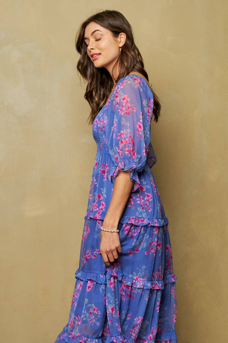 blue floral chiffon dress Cyra Plunge Chiffon Midi Dress / Blue Floral Print | MESHKI
