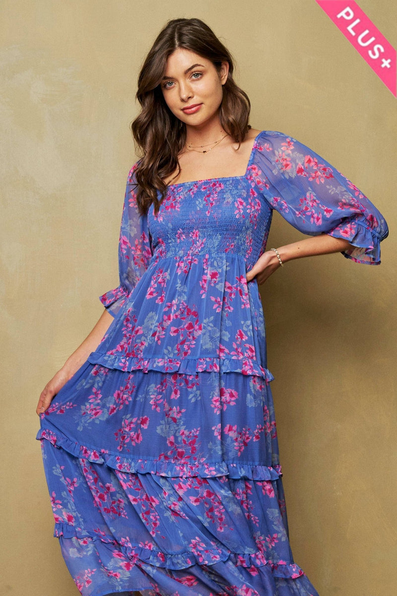 chiffon a line dress BLUE & PINK FLORAL PLUS SMOCKING RUFFLE DETAIL CHIFFON MAXI DRESS