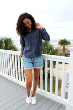 SIMPLY SOUTHERN INDIGO BUTTON DOWN GAUZE SHIRT WITH FRONT POCKET-Sissy Boutique-Sissy Boutique