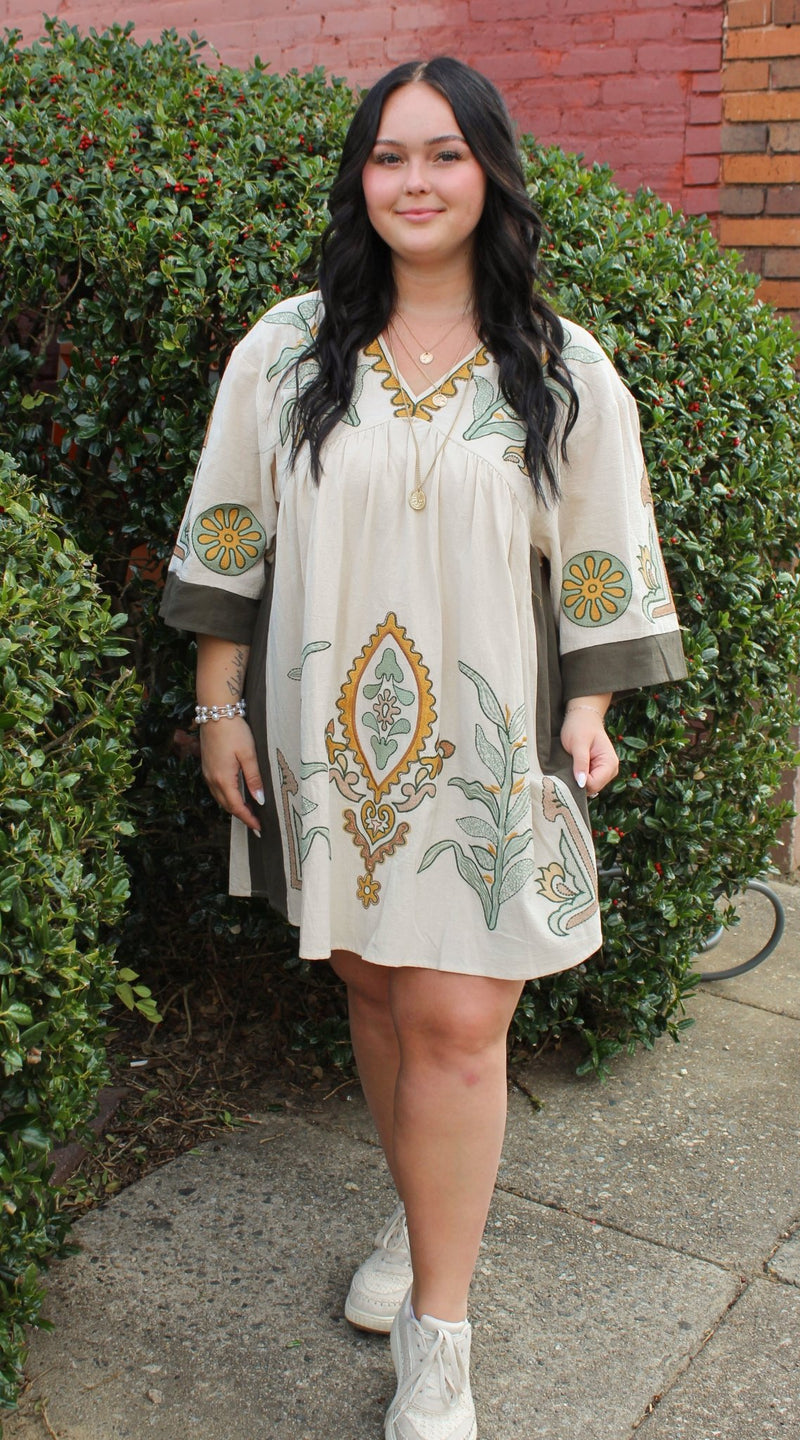 BOHO OLIVE GREEN AND TAUPE EMBROIDERED BABYDOLL DRESS Small
