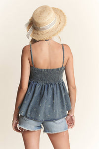 BOW ACCENT DISTRESSED WASHED DENIM CAMISOLE TOP WITH ADJUSTABLE STRAPS AND EYELET DETAIL | Madelyn
