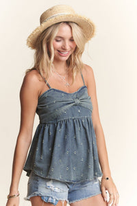 BOW ACCENT DISTRESSED WASHED DENIM CAMISOLE TOP WITH ADJUSTABLE STRAPS AND EYELET DETAIL | Madelyn