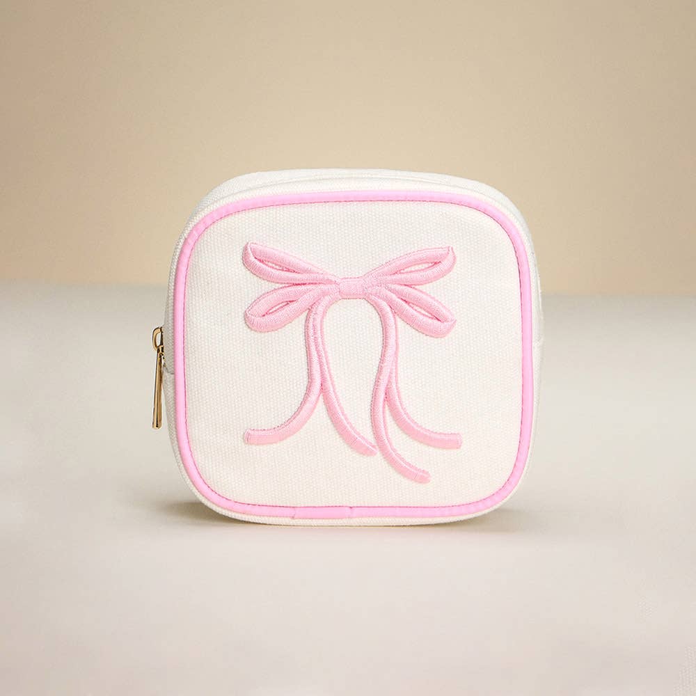 Bow Embroidered Square Canvas Pouch Bag / Organizer | Sensibling Corp.