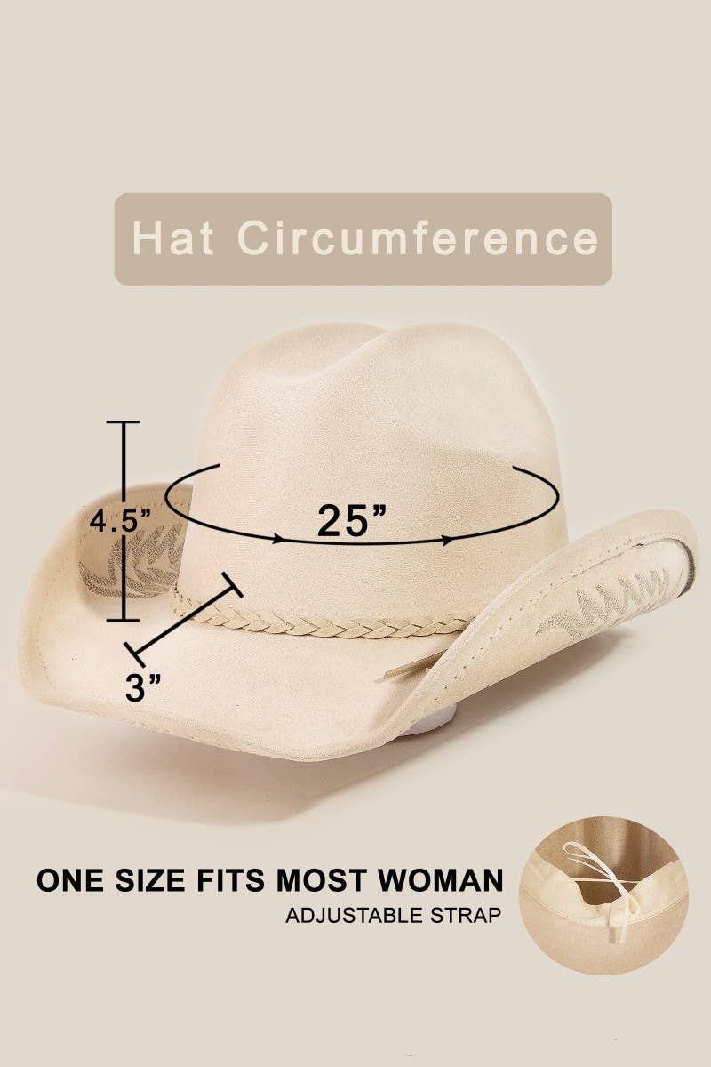 Braided Strap Embroidered Faux Suede Cowboy Hat | Anarchy Street