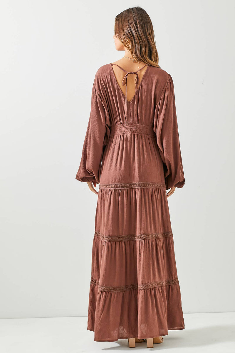 Buy BROWN EMBROIDERED V-NECK MAXI DRESS Online