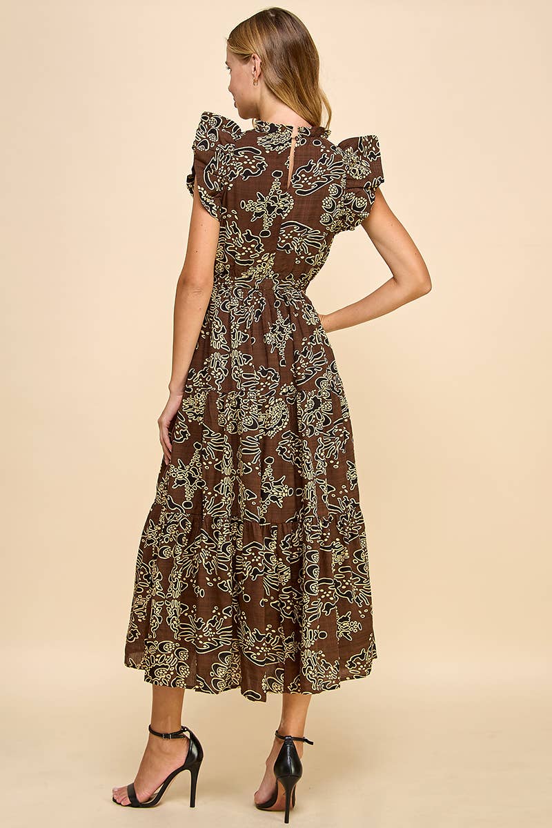 Brown Floral Print Ruffle Sleeve Back Keyhole Midi Dress Large Brown Floral Print Ruffle Sleeve Back Keyhole Midi Dress Large