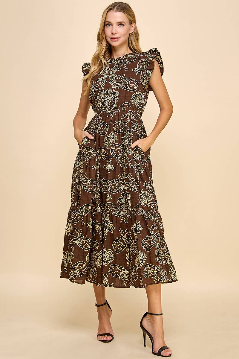 Brown Floral Print Ruffle Sleeve Back Keyhole Midi Dress Large