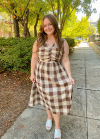 Brown Plaid Checkered V-Neck Ruched Bodice Midi Dress | TCEC