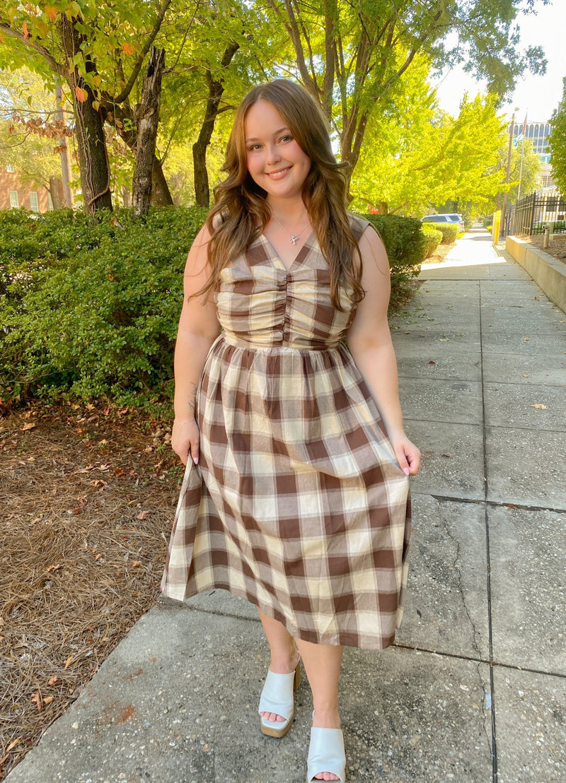knee length dresses for ladies Brown Plaid Checkered V-Neck Ruched Bodice Midi Dress Medium