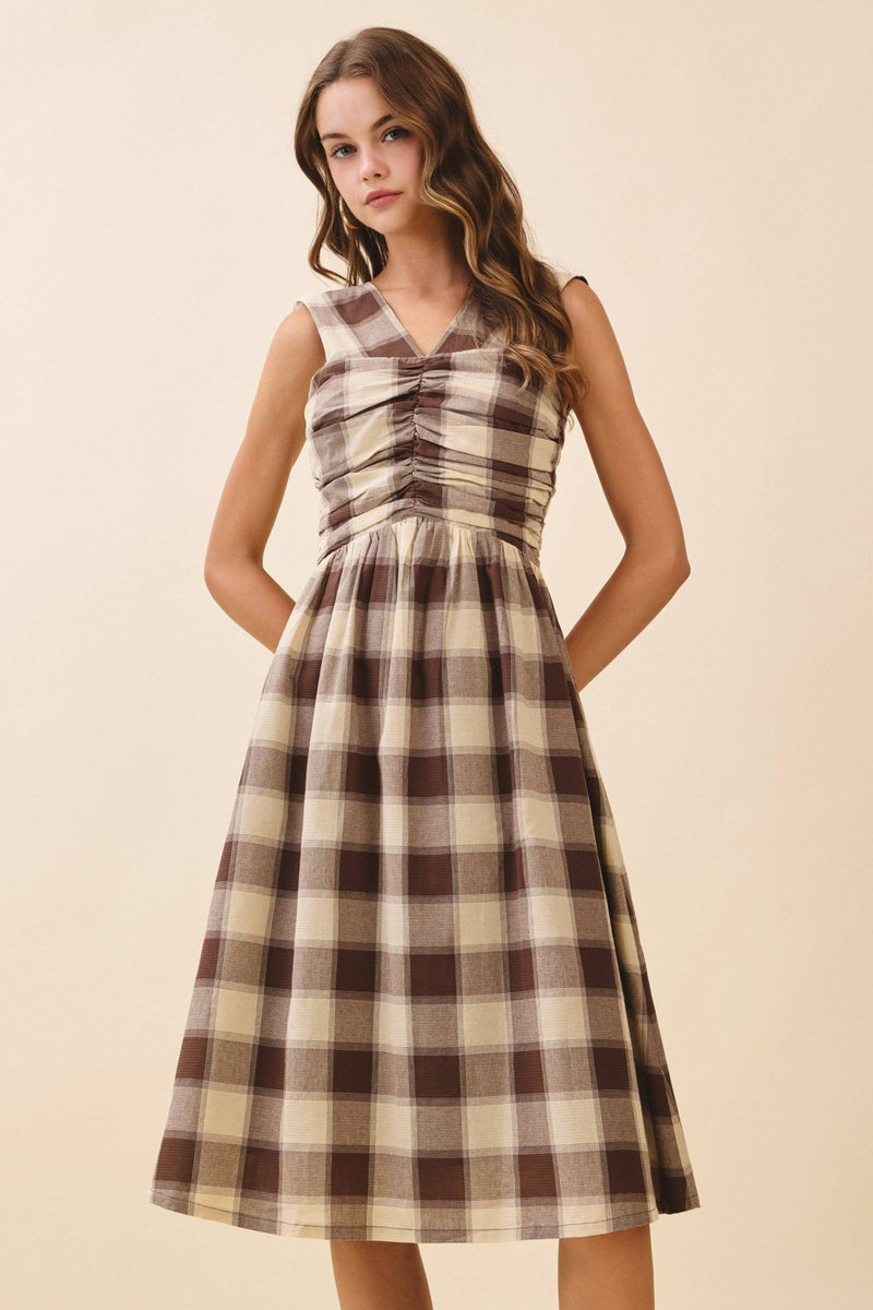 ruched bodice midi dress Brown Plaid Checkered V-Neck Ruched Bodice Midi Dress Medium