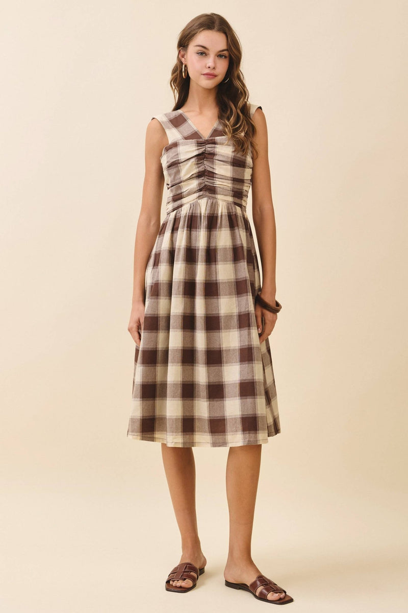 Brown Plaid Checkered V-Neck Ruched Bodice Midi Dress Medium Brown Plaid Checkered V-Neck Ruched Bodice Midi Dress Medium