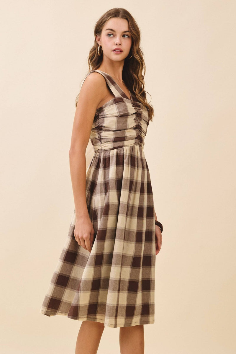 brown check midi dress self-portrait - Brown Check Chiffon Midi Dress