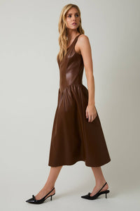 BROWN SCOOPED NECK SLEEVELESS DROP WAIST FAUX LEATHER MIDI DRESS | Sunday Edition by LE LIS