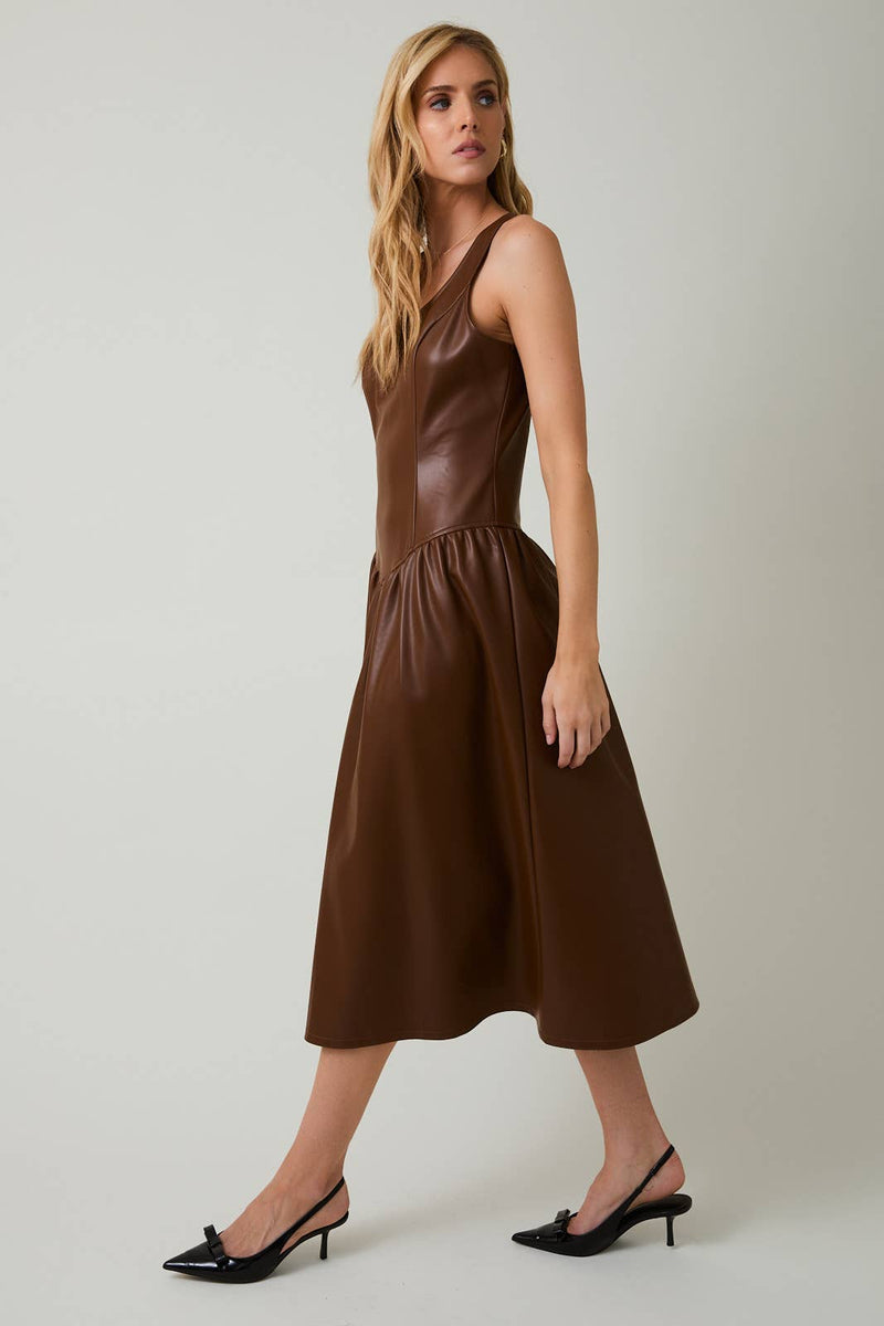 BROWN SCOOPED NECK SLEEVELESS DROP WAIST FAUX LEATHER MIDI DRESS