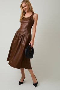 BROWN SCOOPED NECK SLEEVELESS DROP WAIST FAUX LEATHER MIDI DRESS | Sunday Edition by LE LIS