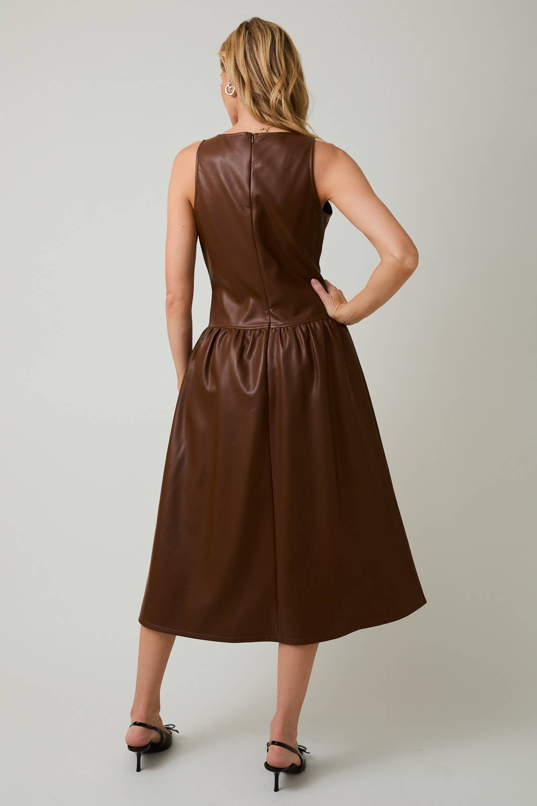 BROWN SCOOPED NECK SLEEVELESS DROP WAIST FAUX LEATHER MIDI DRESS | Sunday Edition by LE LIS