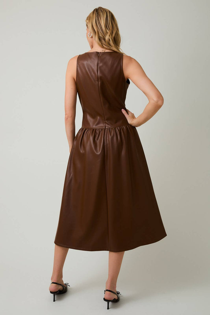 Brown Scooped Neck Sleeveless Drop Waist Faux Leather Midi Dress Medium