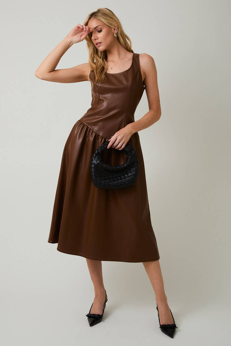 faux leather midi dress BROWN SCOOPED NECK SLEEVELESS DROP WAIST FAUX LEATHER MIDI DRESS faux leather midi dress BROWN SCOOPED NECK SLEEVELESS DROP WAIST FAUX LEATHER MIDI DRESS