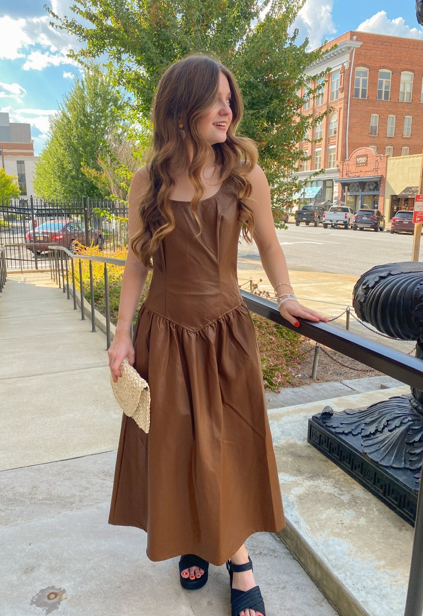 BROWN SCOOPED NECK SLEEVELESS DROP WAIST FAUX LEATHER MIDI DRESS MEDIUM BROWN SCOOPED NECK SLEEVELESS DROP WAIST FAUX LEATHER MIDI DRESS MEDIUM
