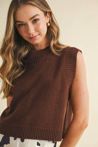 Brown Soft Knit Ribbed Edges Detail Open Back Vest | TCEC