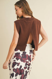 Brown Soft Knit Ribbed Edges Detail Open Back Vest | TCEC