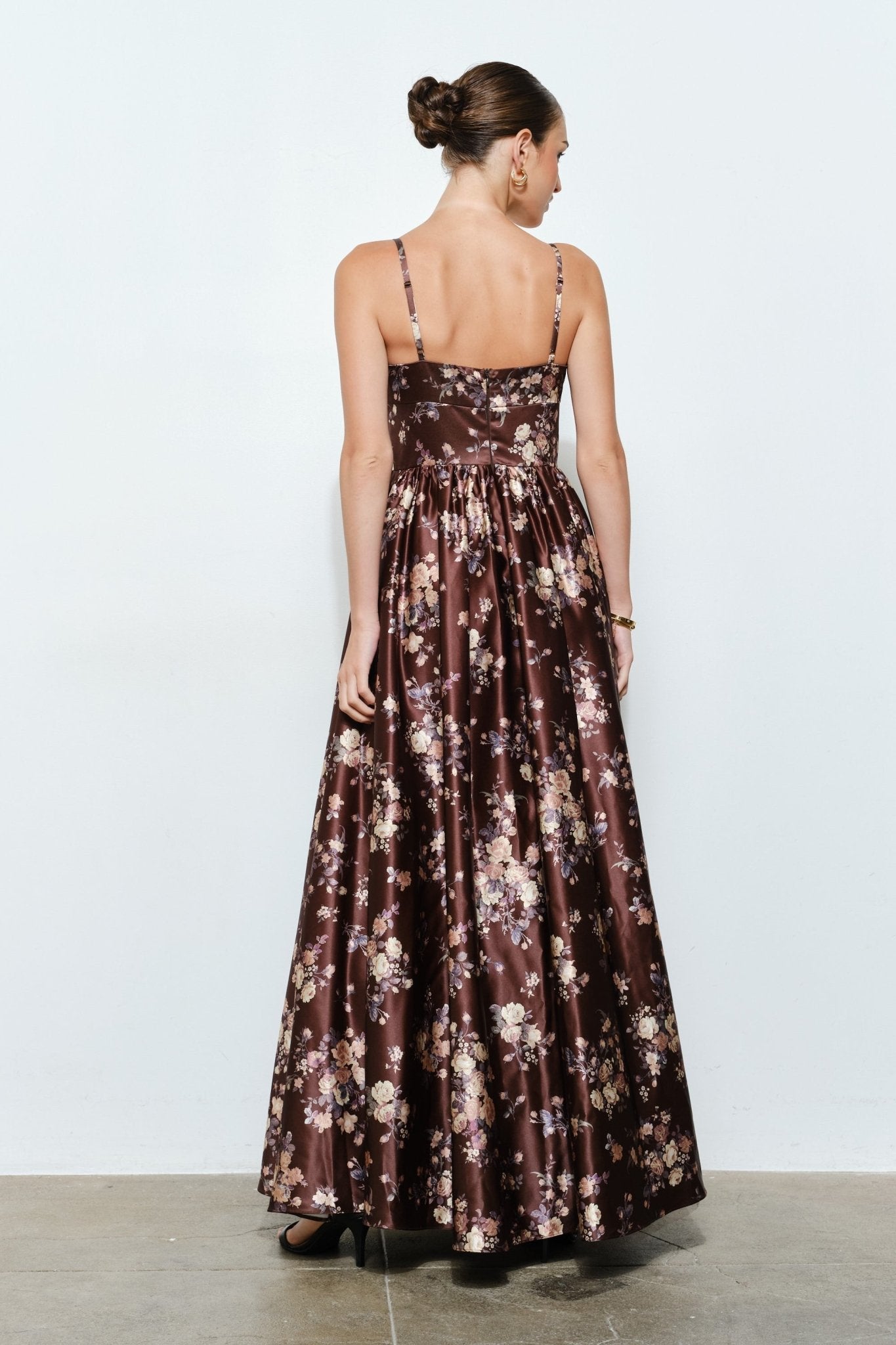 Brown Sweetheart Satin Spaghetti Strap Floral Maxi Dress Large