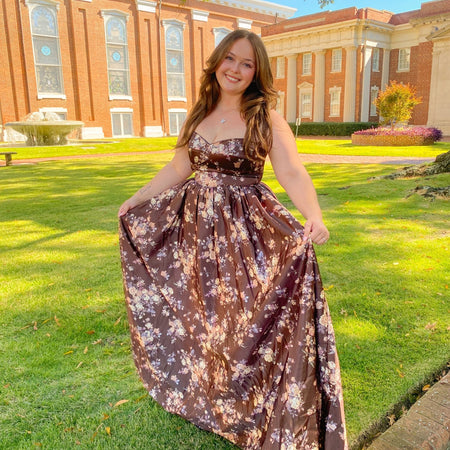 Brown Sweetheart Satin Spaghetti Strap Floral Maxi Dress Large