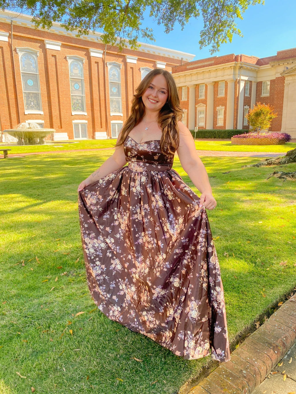 Brown Sweetheart Satin Spaghetti Strap Floral Maxi Dress Large