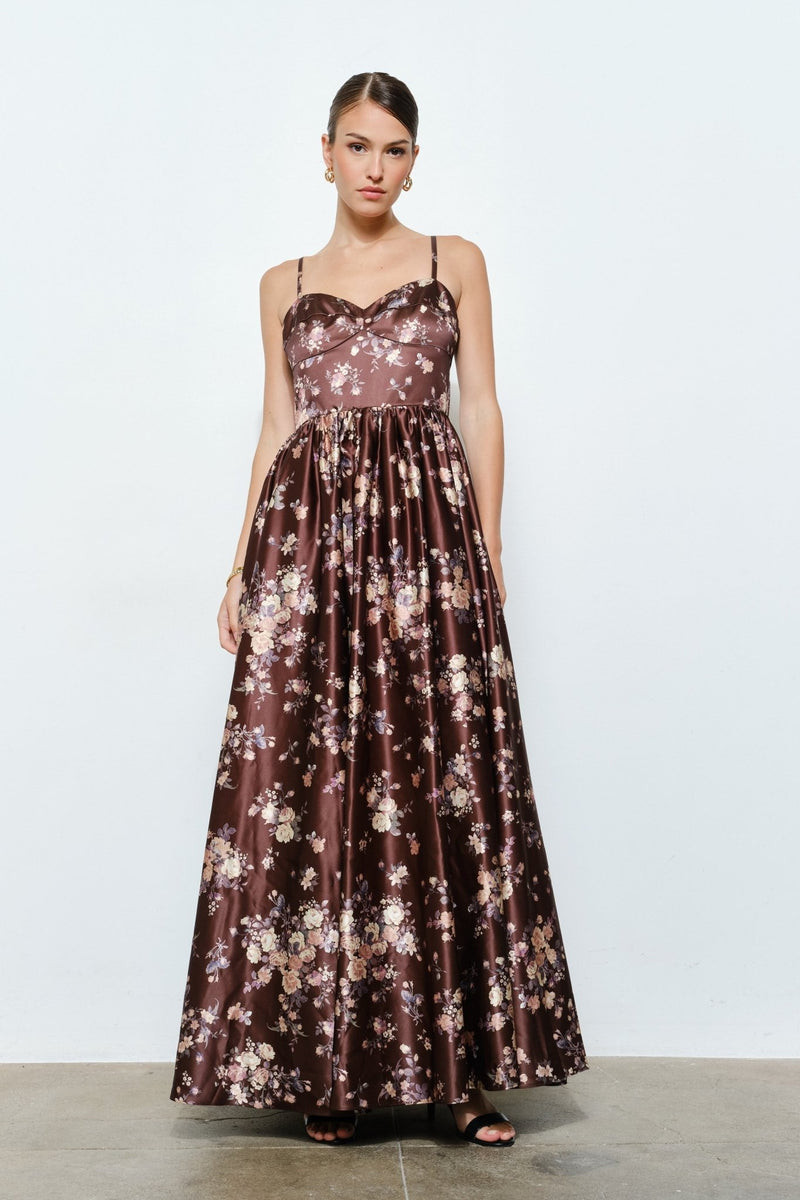 Brown Sweetheart Satin Spaghetti Strap Floral Maxi Dress Brown Sweetheart Satin Spaghetti Strap Floral Maxi Dress
