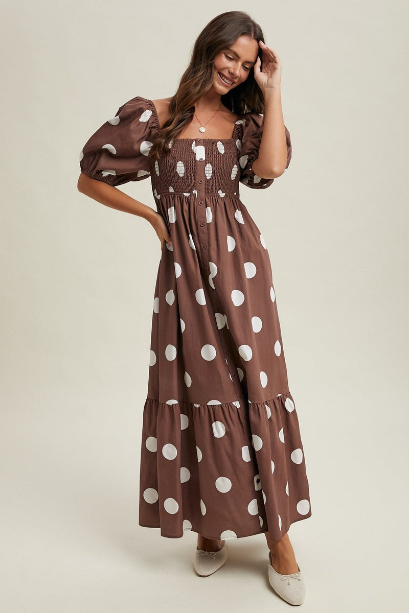 brown and white maxi dress & Polka Dot Puff Short Sleeve Smocked Large This brown palm Color:Demin Casual Shoes Stylish Little Black Cocktail