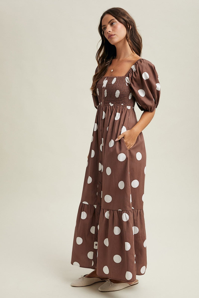 Brown & White Polka Dot Puff Short Sleeve Smocked Maxi Dress Large