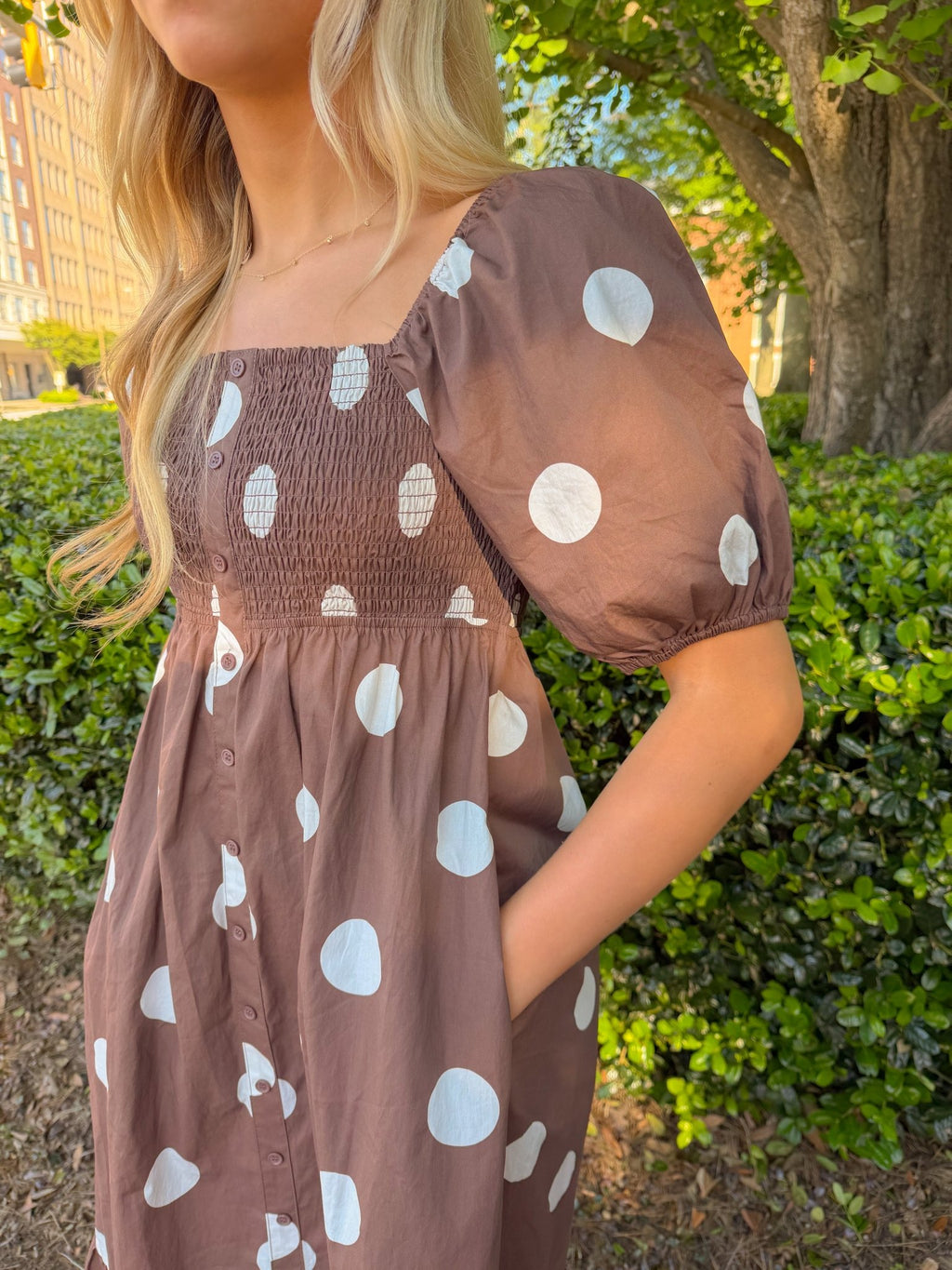 Brown & White Polka Dot Puff Short Sleeve Smocked Maxi Dress Large
